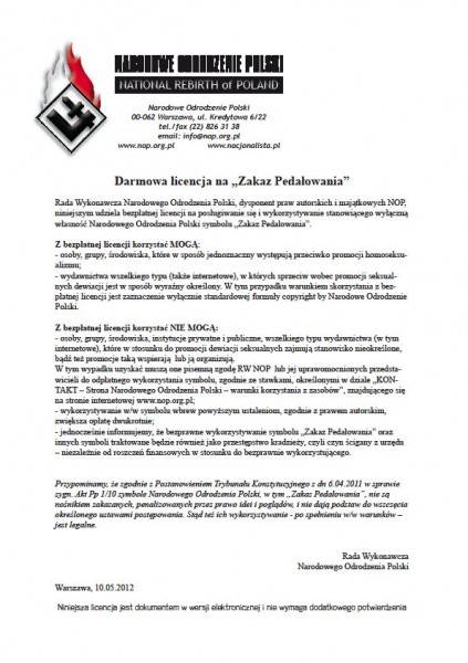 Bezpłatna Iicencja na logo NOP „Zakaz Pedałowania”