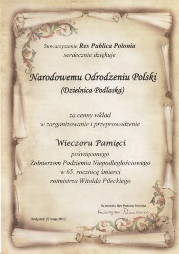Podziękowania dla NOP za współorganizację Wieczoru Pamięci